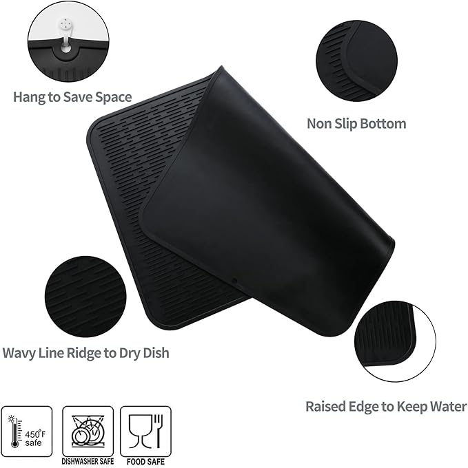 MicoYang Silicone Dish Drying Mat for Multiple Usage,Easy clean,Eco-friendly,Heat-resistant Silicone Mat for Kitchen Counter or Sink,Refrigerator or Drawer Liner Black 4XL 32 inches x 18 inches
