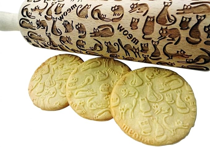 MEOW CATS EMBOSSING ROLLING PIN WOODEN HANDMADE ROLLING PIN with CATS GIFT FOR CAT LOVERS
