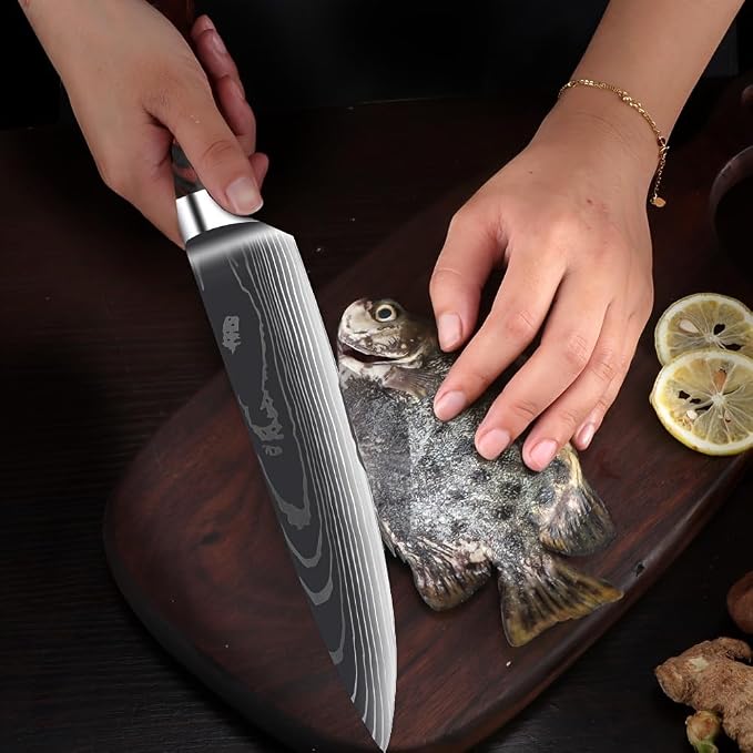 10-Piece Premium Japanese Kitchen Knife Set - Imperial Collection, Laser Damascus Pattern, 440A Stainless Steel Ultra Sharp for Fast Cutting (Redwood 3X)