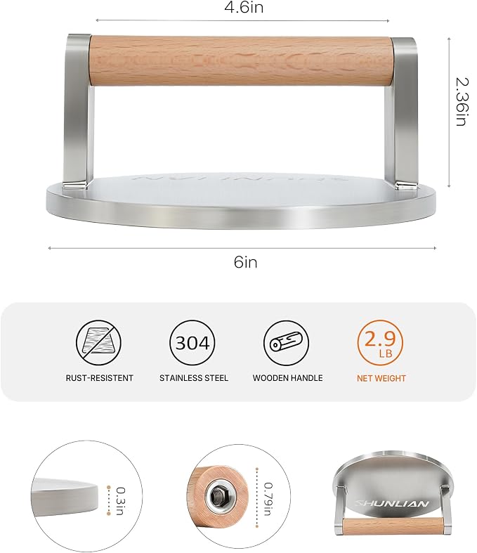 Smash Burger Press, 6 Inch Non-Stick Heavy Duty Hamburger Smasher Tool, 2.9lb Anti-Scald Wooden Handle Protein Press for Flat Top Griddle, Stove top, BBQ, Ground Beef, Meats, Bacon, Steak