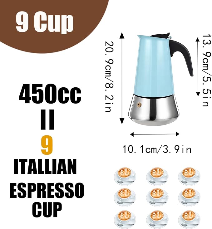 9 Cup Stovetop Espresso Maker Stainless Steel Moka Pot Stove Top Percolator Italian Coffee Makers Capable Mocha Greca Machine Cafe Classic Induction Cookers for Home and Camping 450ml 15oz