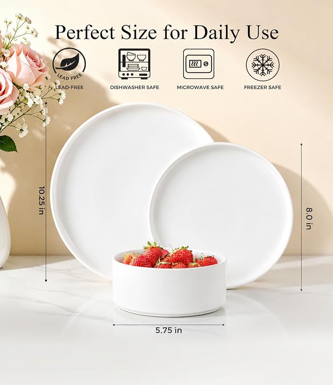 GBHOME Ceramic Dinnerware Sets of 4,Stoneware Plates and Bowls Sets,Chip and Crack Resistant | Dishwasher & Microwave Safe Dishes Set,Scratch Resistant- Service for 4 (12pc)-White