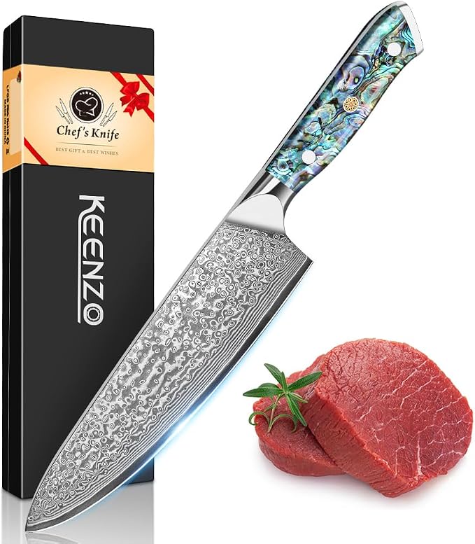 KEENZO Damascus Chef Knife 8 inch, Professional Kitchen Knives,Sharp Japanese Chef's Knife, Hand Forged 67-Layer Damascus Steel Cooking Knife, Ergonomic Abalone Shell handle with Gift Box