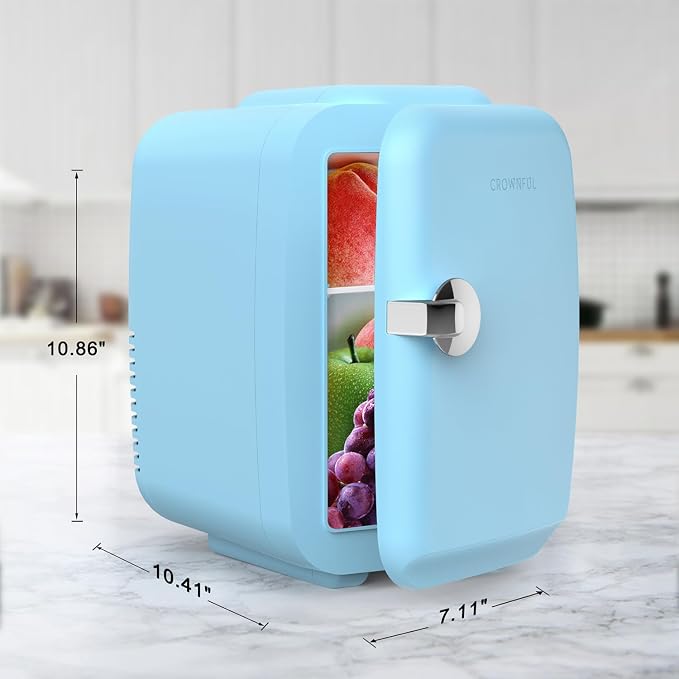 CROWNFUL Mini Fridge, 4 Liter/6 Can Portable Cooler and Warmer Personal Fridge for Skin Care, Cosmetics, Food,Great for Bedroom, Office, Car, Dorm, ETL Listed (Blue)