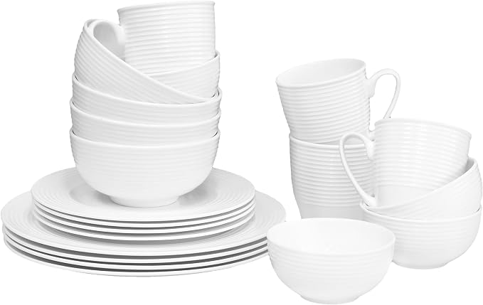 Bone China Dinnerware, 20PC Set, Service for 4, White Embossed, circle, Microwave Safe, Translucent, Elegant giftware, Dish set, Essential Home, Kitchen Dishes, Dinner Set