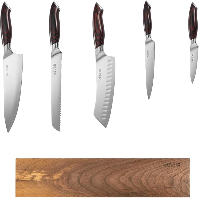 VEVOR Kitchen Knife Set, 6 Piece High Carbon Stainless Steel Sharp Knife Set, Professional Kitchen Cutlery with Ergonomic Crack-Resistant Handle, and Walnut Finish Powerful Magnetic Knives Holder