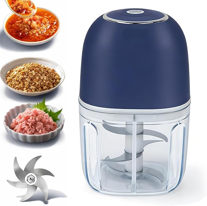 Electric Garlic Chopper Mini 350ml, USB Rechargeable Portable Veggie Chopper, Wireless Mini Food Processor with Stainless Steel Blades for Garlic, Onion, Nuts & Vegetables (Blue)