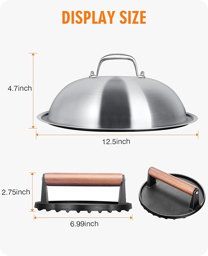 HOMENOTE Griddle Accessories for Blackstone, Commercial Grade 12 Inch Heavy Duty Melting Dome with Round Cast Iron Smash Burger Press Perfect for Flat Top Hibachi Grill Outdoor Indoor