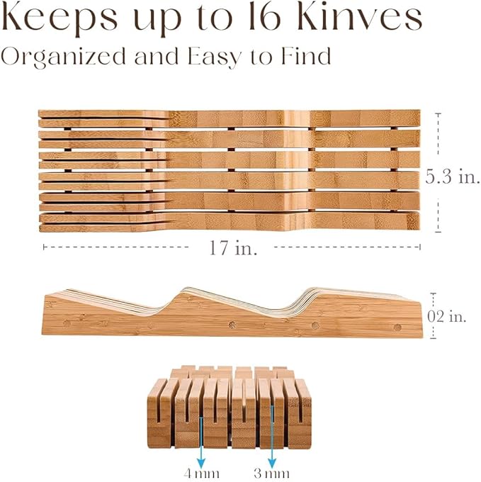 Bellemain 100% Pure Bamboo in Drawer Knife Block | 16 Knife Slots Knife Drawer Organizer | Store Knives Safely with The Blades Down | Storage Solution for Your Kitchen | Knife Organizer Drawer Insert