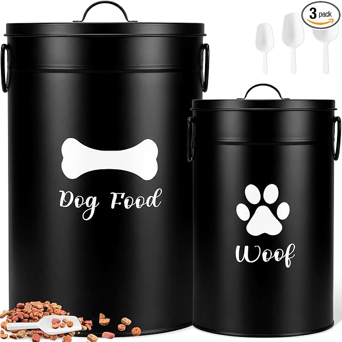 DoubleFill Extra Large 30+14 lb Metal Dog Food Storage Containers Set of 2 Black Airtight Dog Treat Snack Jars with Lids and Spoon Farm House Style Big Pet Cookie Storage Bin for Kitchen Counter Gift