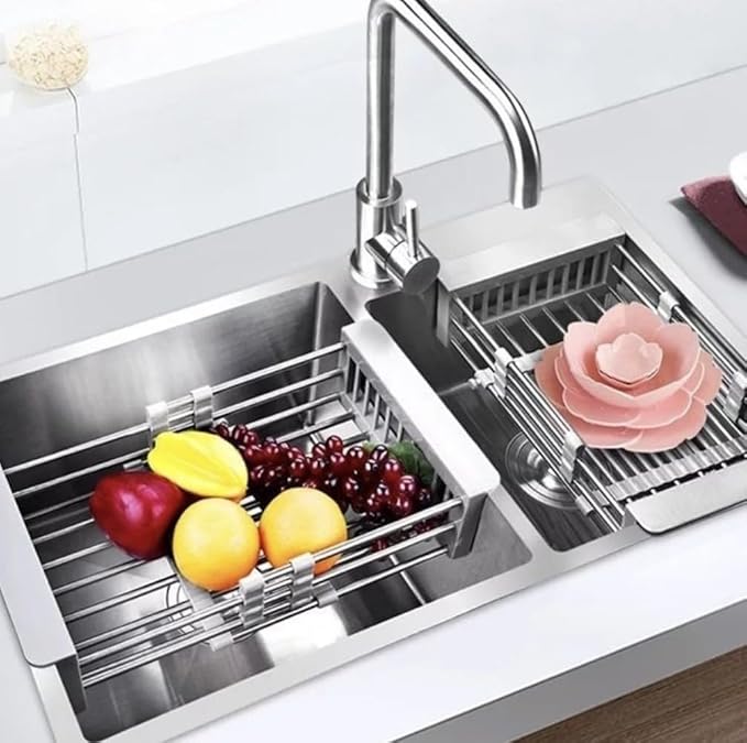 Kitchen Sink Drain Basket Adjustable Over Dish Drying Rack Stainless Steel Drain Basket for Vegetables Fruits Plates Fruits (Black,Big)