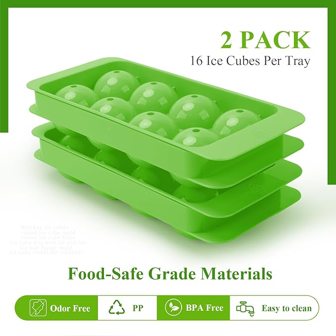 Whiskey Ice Cubes Mold,2 x 8 PCS x 1.8 inch Whiskey Ice Cubes,Circle Ice Cube Tray with Lid and Bin,Sphere Ice Ball Maker Mold,Round Ice Cube Mold for Cocktails,Whiskey