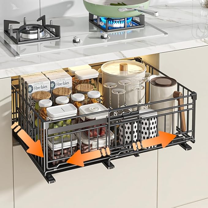 Expandable Pull Out Cabinet Organiser, No Drill Adhesive Slide Out Kitchen Drawer Shelf Durable Metal for Under Sink, Cupboard, Pantry, Adjustable Width (12.8"-19.7") (Style B Black, 1 Pack)