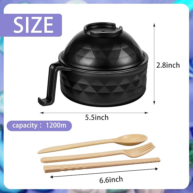 2 Sets Microwave Ramen Cooker Bowl Set with Spoon Chopsticks Fork Wheat Fiber Instant Noodle Bowl with Handles Ramen Kit for College Dorm Room Apartment Essentials