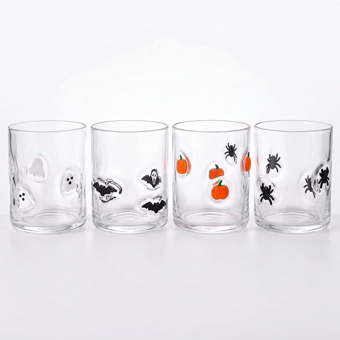 SiliFine 4 Pack Halloween Icon Juice Glasses Set - 14 oz Ghost, Pumpkin, Bat, Spider Stemless Glass Cup for Coffee Wine Cocktail Drinking - Halloween Birthday Holiday Party Supplies & Ideal Gift