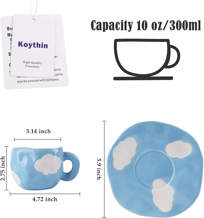 Koythin Ceramic Coffee Mug with Saucer Set, Cute Cloud Coffee Mug and Cup for Office and Home, Blue Sky and White Clouds Cups, 10 oz/300 ml for Latte Tea Milk