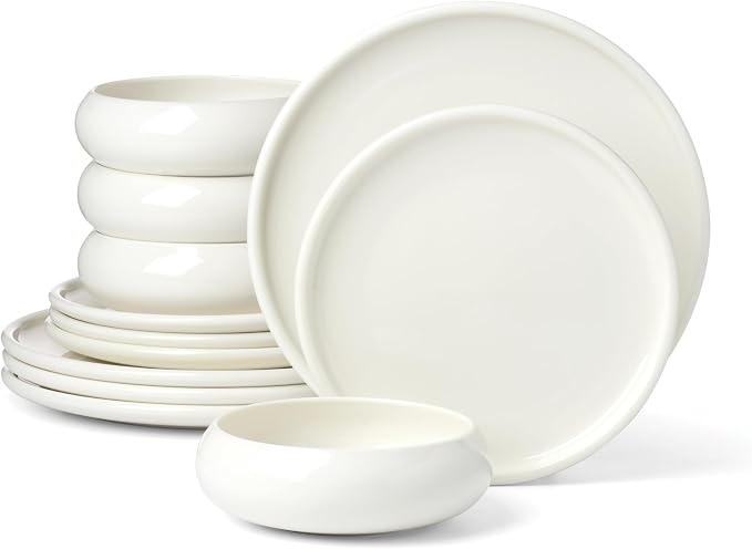 Oneida Dinnerware Sets, Quirk 12-Piece Dinnerware Set, Set for 4, Service For 4, Porcelain Material, Dishwasher & Microwave Safe, Plates And Bowls, Dinner Dishes, Kitchen And Dining (White, 12 Piece)