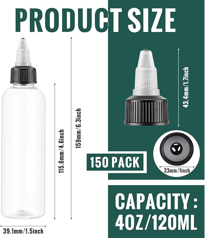 Irenare 150 Pcs 4 oz Plastic Squeeze Bottles Bulk Hair Oil Applicator Bottles Boston Empty Squeeze Condiment Bottle with Twist Top Cap Leak Proof for Liquids Oils Art Crafts Household Kitchen (Clear)
