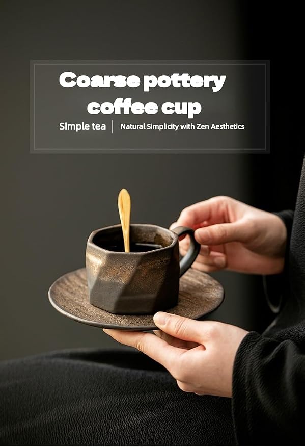 Japanese Style Handmade Ceramic Coffee Mug Set with ceramic Saucer & Stainless steel stirring spoon - 7.4 fl oz Retro Pottery Tea Cup for Espresso, Office, Home -Eco-Friendly & Heat Insulated Cups