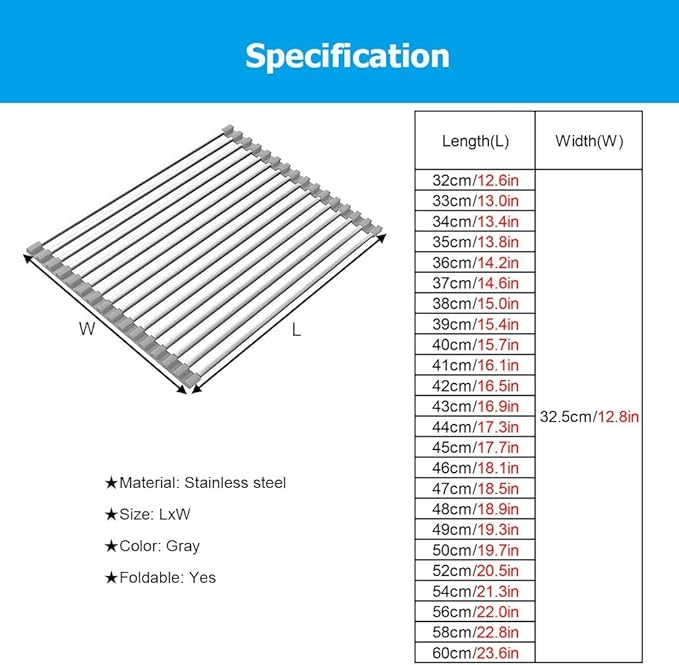 Roll Up Over The Sink Dish Drying Rack, 32-60CM Multipurpose Foldable Sink Cutting Board Dish Rack Mat for Kitchen Counter RV Camper Accessories Travel Trailer(Gray,L 54cm/21.3in)