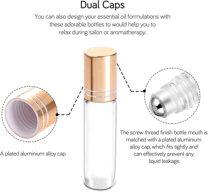 PrettyCare 12 Pack, 10 ml Essential Oil Roller Bottles with Stainless Steel Roller Ball - Refillable Leak-proof Empty Thick Clear Glass Roll on Bottles with Metal Caps for Travel, Perfume