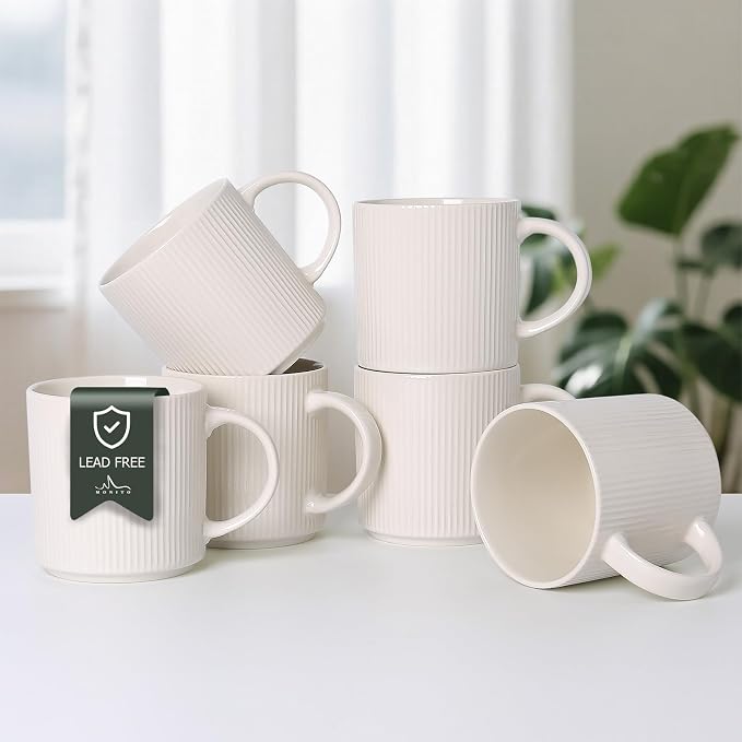 MONITO Coffee Mugs Set of 6, 16 oz Mugs Set, Ceramic Coffee Cups with Large Handles, Suitable for Lattes, Hot tea, Cappuccinos, Mochas and Cocoa,White