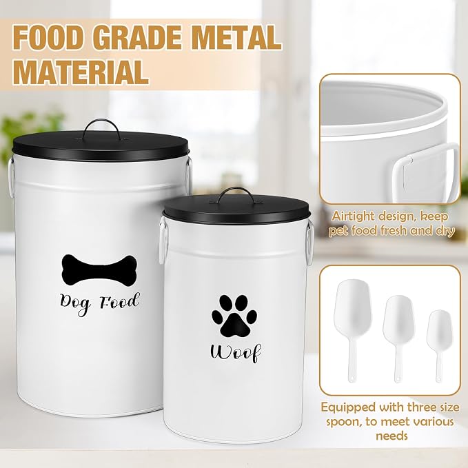 DoubleFill Extra Large 30+14 lb Metal Dog Food Storage Containers Set of 2 Airtight Dog Treat Snack Jars with Lids and Spoon Farm House Style Big Pet Cookie Storage Bin for Kitchen Counter Gift