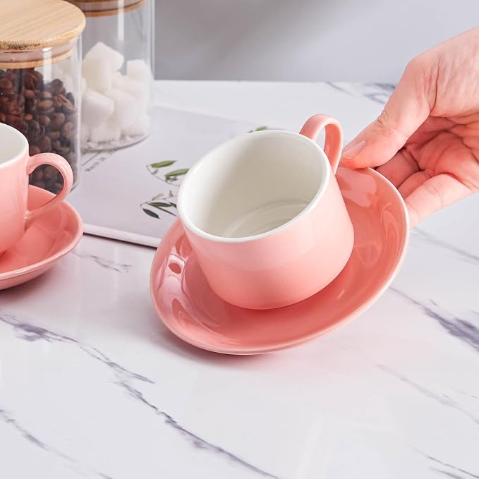 YOLIFE 8oz Porcelain Stackable Cappuccino Cups with Saucers and Metal Stand Set of 4, Coffee cups for Espresso, Specialty Coffee Drinks, Latte, Americano and Tea - Pink