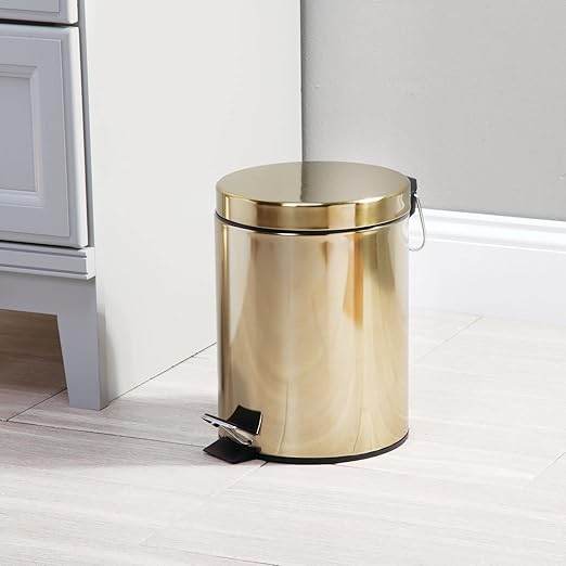 mDesign Small Modern 1.3 Gallon Round Metal Lidded Step Trash Can, Compact Garbage Bin with Removable Liner Bucket and Handle for Bathroom, Kitchen, Craft Room, Office, Garage - Soft Brass, 5 liter