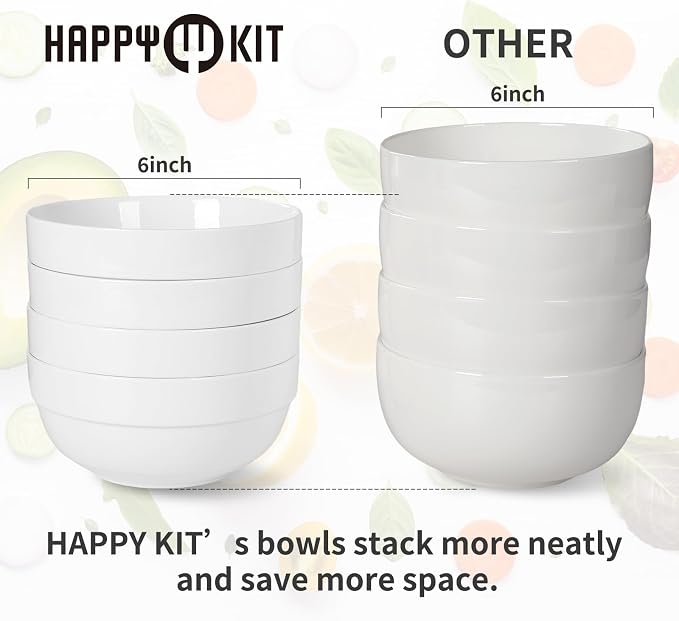 HAPPY KIT 12 Pieces Porcelain Dinnerware Set, Serving Plates and Bowls Set for 4, Chip and Scratch Resistant White Kitchen Dishware Sets, Thick-edge Non-slip Design