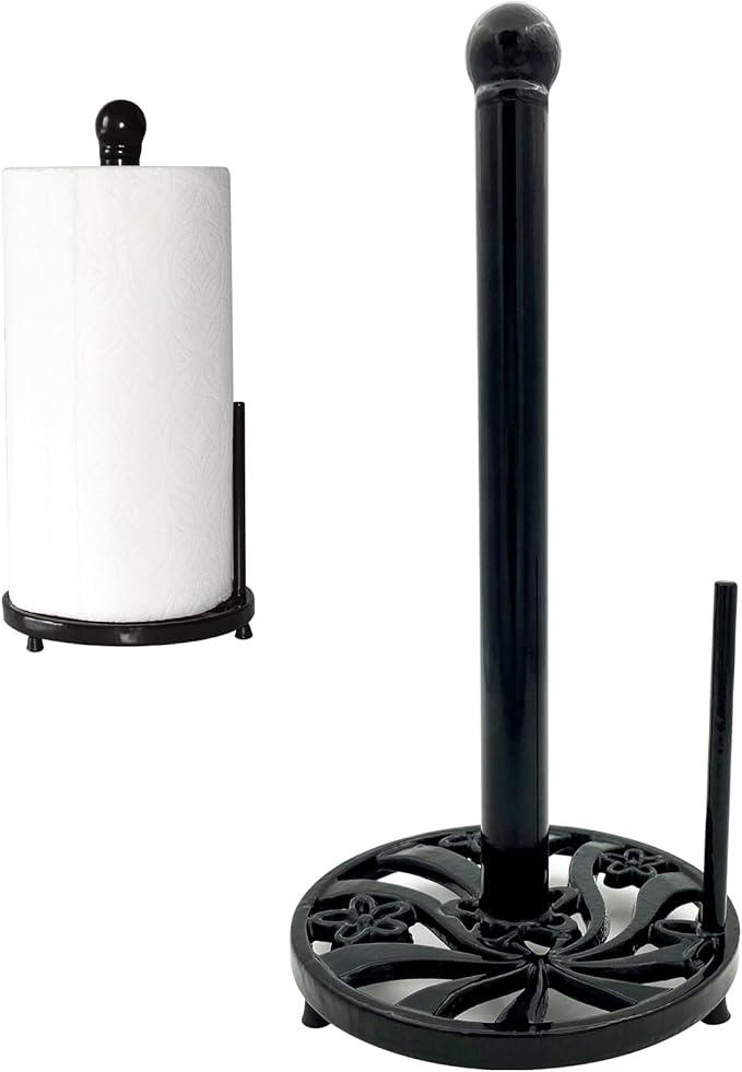 Vintage Paper Towel Holder Countertop - Cast Iron Standing Roll Paper Towel Dispenser with Elegant and Heavy Daffodil Pattern Base for Kitchen Décor, Black
