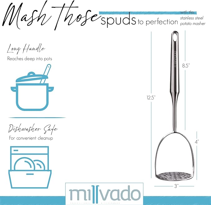Millvado Potato Masher Stainless Steel, Best Mashed Potatoes Masher Kitchen Tool, Potato Smasher For Potatoe, Avocado, Sweet Potato, Beans, Large Heavy Duty Metal Mashing Utensil, 12.5 Inch
