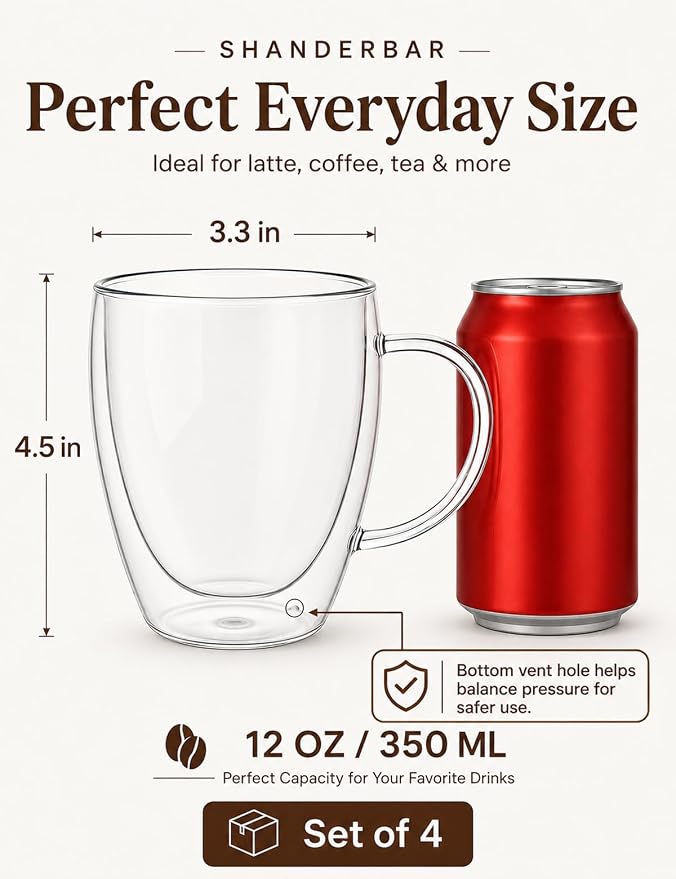 Set of 4 Double Walled Glass Coffee Mugs with Handles, 12oz Clear Coffee Mugs for Hot/Cold Beverages, Insulated Borosilicate Glass Cups for Cappuccino, Espresso, Latte, Tea, Milk, Microwave Safe