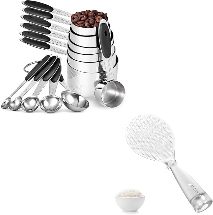 U-Taste 18/8 Stainless Steel Measuring Cups and Spoons Set of 12 (Black) and 329°F Heat Resistant Rice Spoon Paddle Scooper (Transparent)