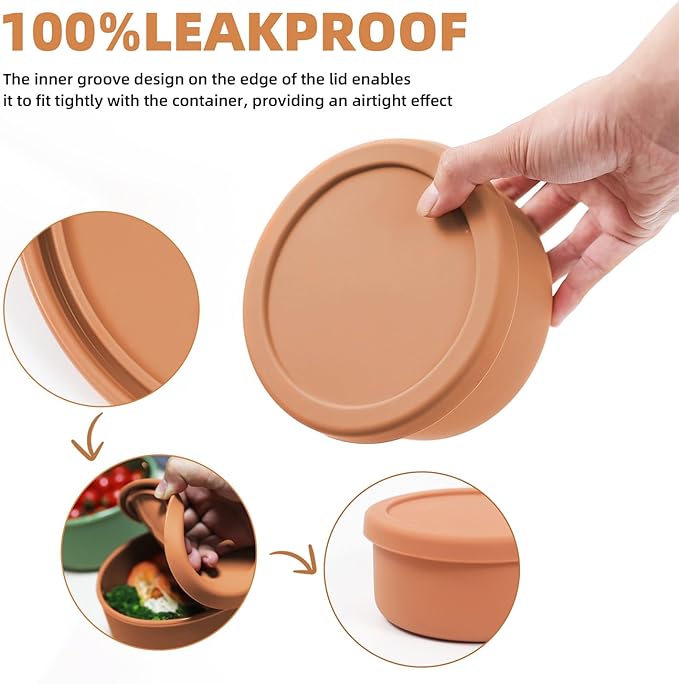 XU&PEIQI 24fl oz (700ml) Silicone Food Storage Containers, Round Bowls with Lids - Kitchen Serving, Salad & Lunch Containers - Airtight, BPA-Free, Microwave, Fridge & Dishwasher Safe (3, Beige)