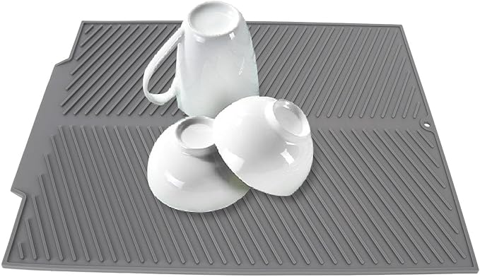 Draining Board Mat, Non Slip Silicone Dish Drying Mat Flume Drain Board Drainer Mat for Kitchen Countertop Tabletop Accessories (Gray)