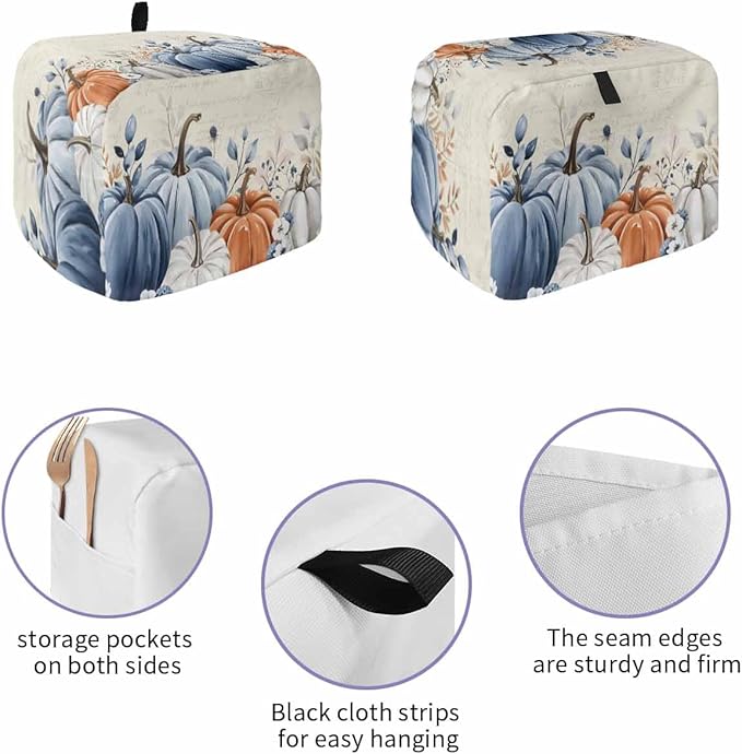 Blue Gray Pumpkin Fall Toaster Cover 4 Slice, Thanksgiving Botanical Dustproof Bakeware Oven Protector with Top Hook, Autumn Beige Waterproof Small Kitchen Appliance Toasters Dust Cover, 12"x11"x8"