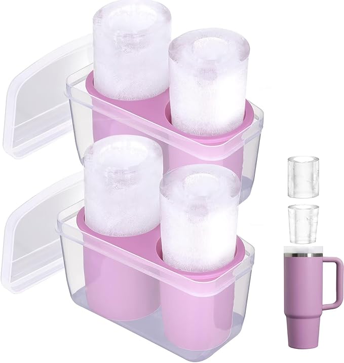 2 Packs Ice Mold for Stanley Cup, Silicone Ice Cube Tray for Stanley Cup 30oz-40oz, Tumbler Ice Mold with Lid and Bin, Easy Release Cylinder Ice Cube Mold, Lilac