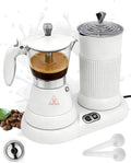 2-in-1 Milk Frother Electric Foam Maker and Moka Coffee Maker Espresso Maker 110V Electric Base Aluminum Frother Moka Pot 5oz 150ml Frothing Easy Brewing Latte Cappuccino Home Gift White