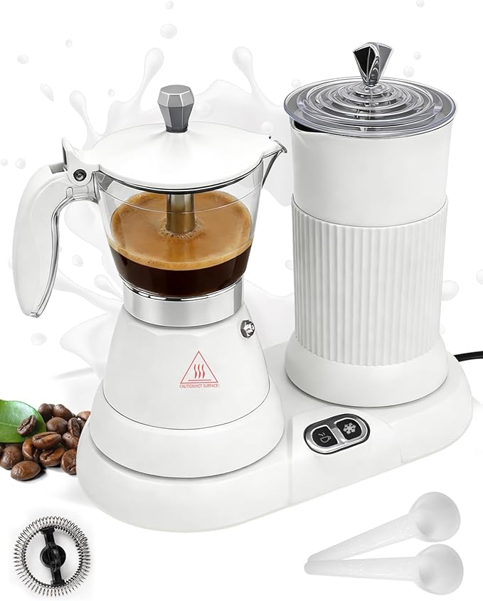 2-in-1 Milk Frother Electric Foam Maker and Moka Coffee Maker Espresso Maker 110V Electric Base Aluminum Frother Moka Pot 5oz 150ml Frothing Easy Brewing Latte Cappuccino Home Gift White