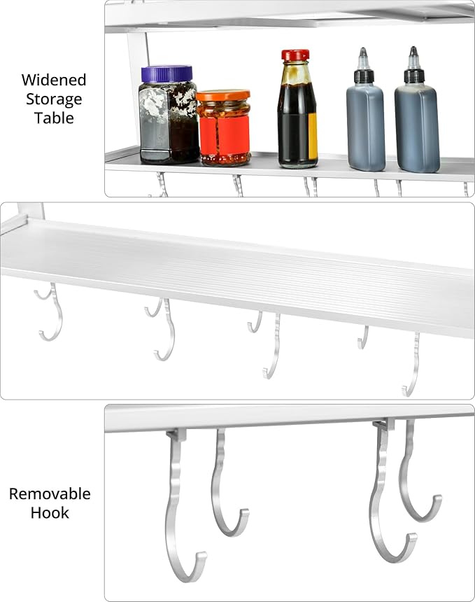 QWORK Microwave Oven Rack Shelf, Wall Mount Electric Oven Holders, Aluminum Double-Layer Microwave & Spice Rack, 2 Shelves with 10 Hooks, Support Load 88lbs, 21.65"x15"x9.84"