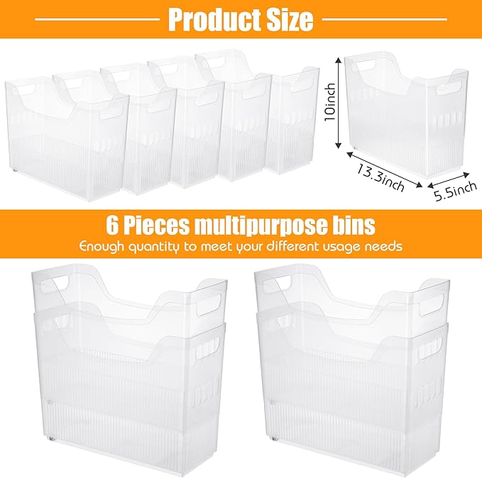 Qunclay 6 Plastic Freezer Organizer Bins with Wheel Set Clear Tall Narrow Kitchen Pantry Organizer Snack Storage Containers for Office Refrigerator(10 x 13.3 x 5.5 Inches)