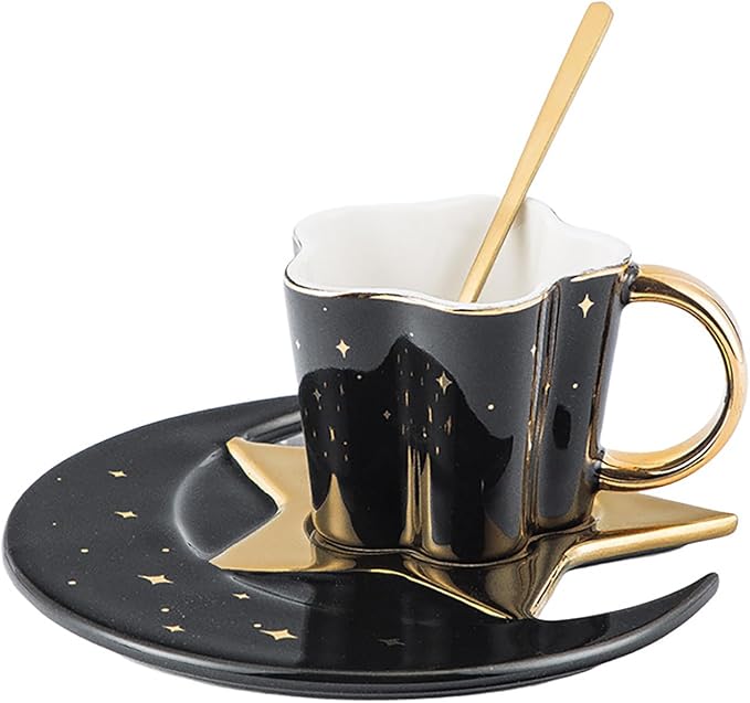4.2 Ounce Irregular Ceramic Coffee Cup,Gold Plate Handle Mug,Moon and Star Shape Coffee Tea Cup and Saucer Sets with spoon,for Cappuccino,Tea,Cocoa,Cereal,Hot Chocolate (Black with Golden)
