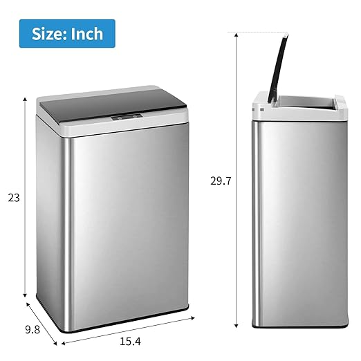 PayLessHere Stainless Steel Trash Can 13 Gallon 50 Liter Kitchen Bathroom Bedroom Home Office Automatic Touch Free High-Capacity with Lid Brushed Waste Bin