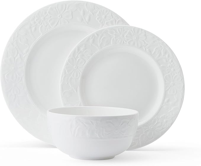 Mikasa Claire Floral Bone China Lightweight Chip Resistant 12 Piece Dinnerware Set, Service for 4, White