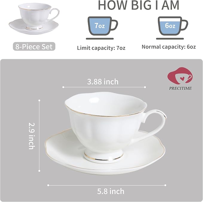 White Ceramic Tea Cup and Saucer Set of 8 (16-Piece) - 6oz Elegant Porcelain Cups with Gold Rim, 8 Cups & 8 Saucers for Tea Party