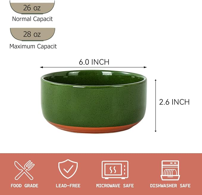 GZG 6 Inch Ceramic Cereal Bowls Set of 4, 28oz Large Soup Salad Pasta Bowls, Porcelain Oatmeal Bowl for Kitchen, Microwave & Dishwasher Safe