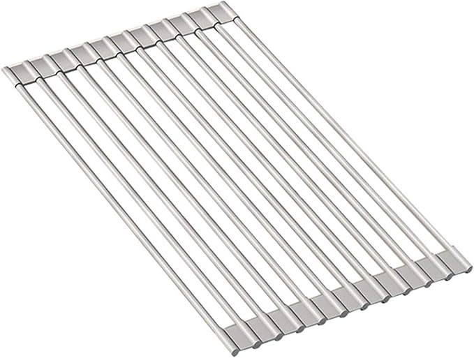 Silicone Non-Slip Dish Drying Rack, Drain Board Over the Kitchen Sink, Roll-Up Dish Rack Drainer, Rust-Resistant Drain Board(Grey,12 rods)