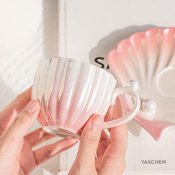 Pearl Shell Cup and Saucer - 8oz Gradient Ceramic Coffee Mug, Vintage Tea, Cappuccino, Latte Art for Birthday Gift (Gradient Pink)