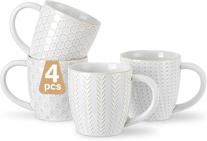 Lareina Coffee Mug Set of 4, 12 oz Ceramic Embossment Mug Set for Latte, Hot Tea, Cappuccino, Mocha, Cocoa, Housewarming Wedding Gift, Ivory White
